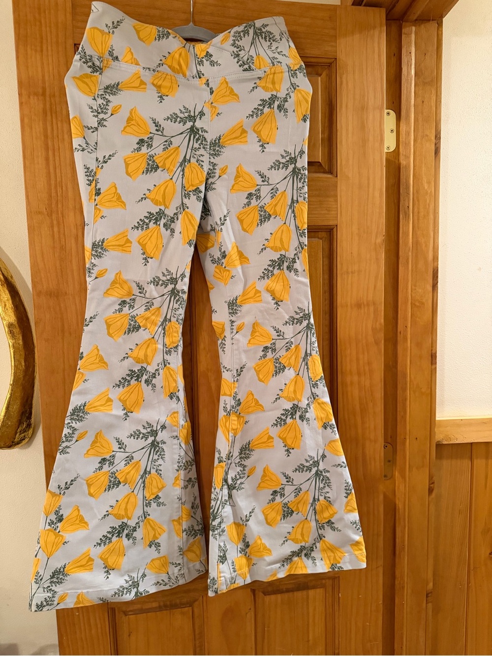 Women’s Floral Bell-Bottom Pants - Yellow on Light Blue